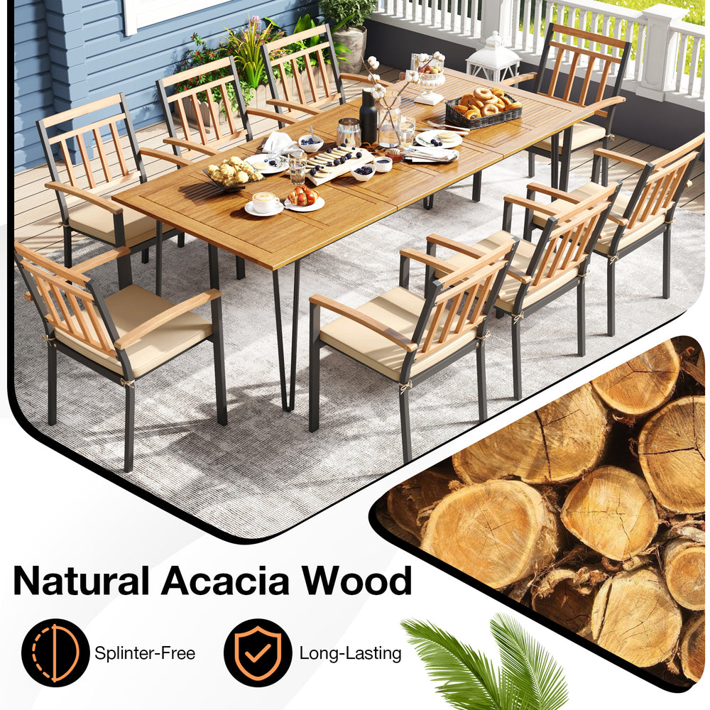9-piece patio dining set featuring a solid acacia wood table and 8 chairs with cushions, perfect for outdoor gatherings.