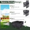 Space-saving 9-piece patio dining set in gray with cushions, featuring a foldable design for compact storage in outdoor.