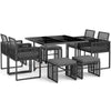 9-piece gray patio dining set featuring cushioned chairs and a tempered glass tabletop, ideal for outdoor spaces.