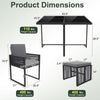 Dimensions of the 9-piece patio dining set with gray cushions, featuring a sturdy metal frame and tempered glass.