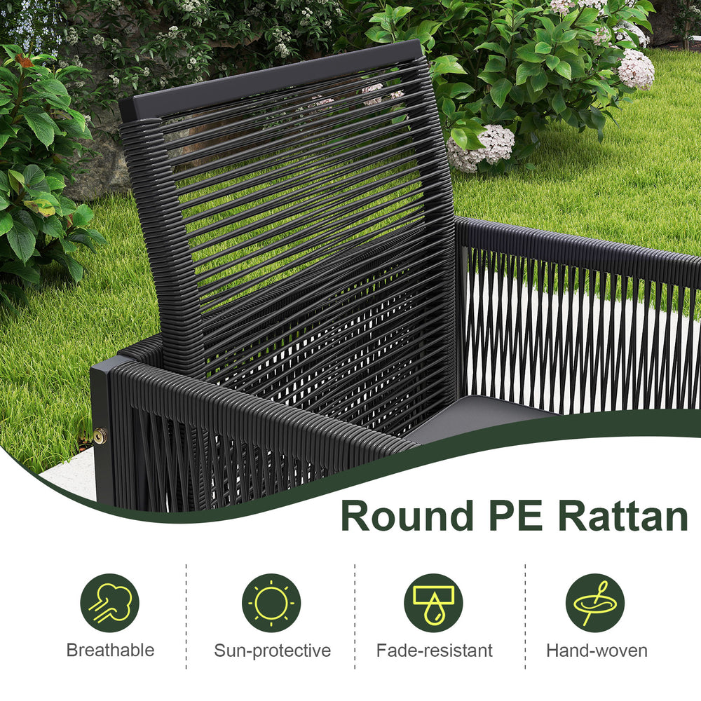 Hand-woven round PE rattan chair with soft cushion, perfect for outdoor patio dining and garden relaxation.