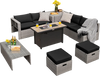 9-piece patio furniture set featuring a black fire pit table, soft cushions, and hand-woven PE wicker for outdoor.