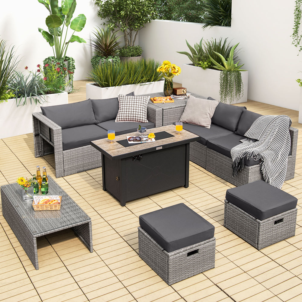 9 Pieces Patio Furniture Set with 42 Inches 60000 BTU Fire Pit-Gray - Gallery View 1 of 12