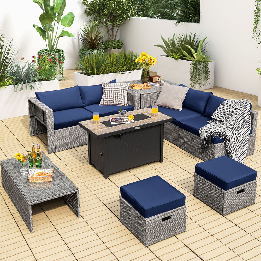 9 Pieces Patio Furniture Set with 42 Inches 60000 BTU Fire Pit-Navy - Gallery View 1 of 12
