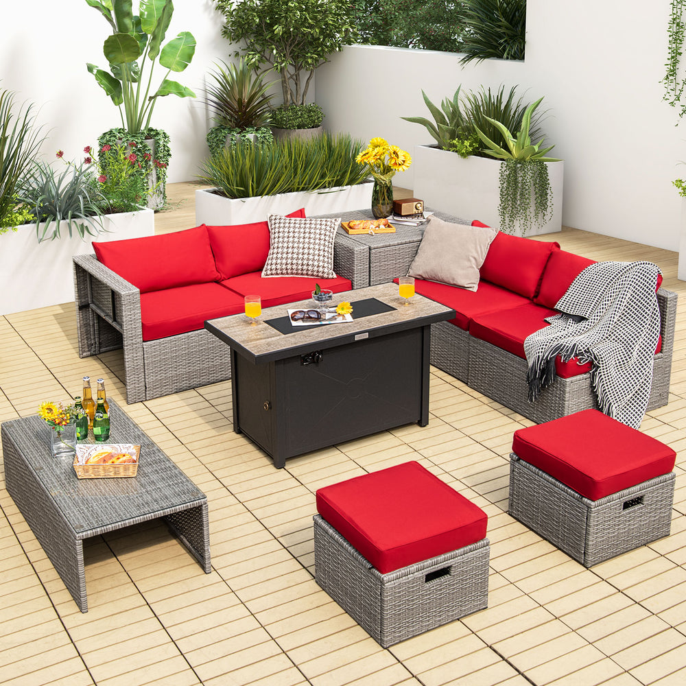 9 Pieces Patio Furniture Set with 42 Inches 60000 BTU Fire Pit-Red - Gallery View 1 of 12
