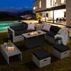 9-piece patio furniture set featuring a 42-inch fire pit, hand-woven PE wicker, and soft black cushions for outdoor.
