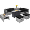 9-piece patio furniture set featuring a fire pit, black cushions, and hand-woven PE wicker for outdoor relaxation.
