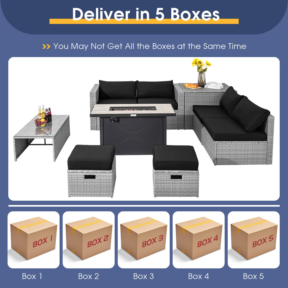 9-piece patio furniture set featuring a 42-inch fire pit and black cushions, ideal for outdoor gatherings and warmth.