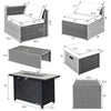 Patio furniture set featuring a black fire pit table, hand-woven PE wicker, and soft padded cushions for outdoor.