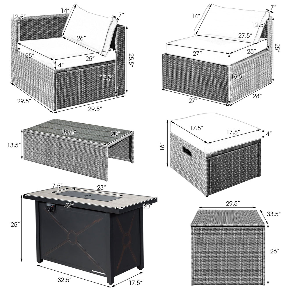 Patio furniture set featuring a black fire pit table, hand-woven PE wicker, and soft padded cushions for outdoor.