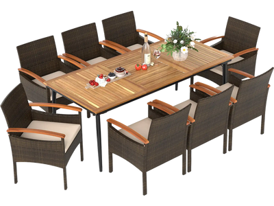 Costway 9-Pc Patio PE Wicker Dining Set w/ Cushions & Umbrella Hole 82252529 New