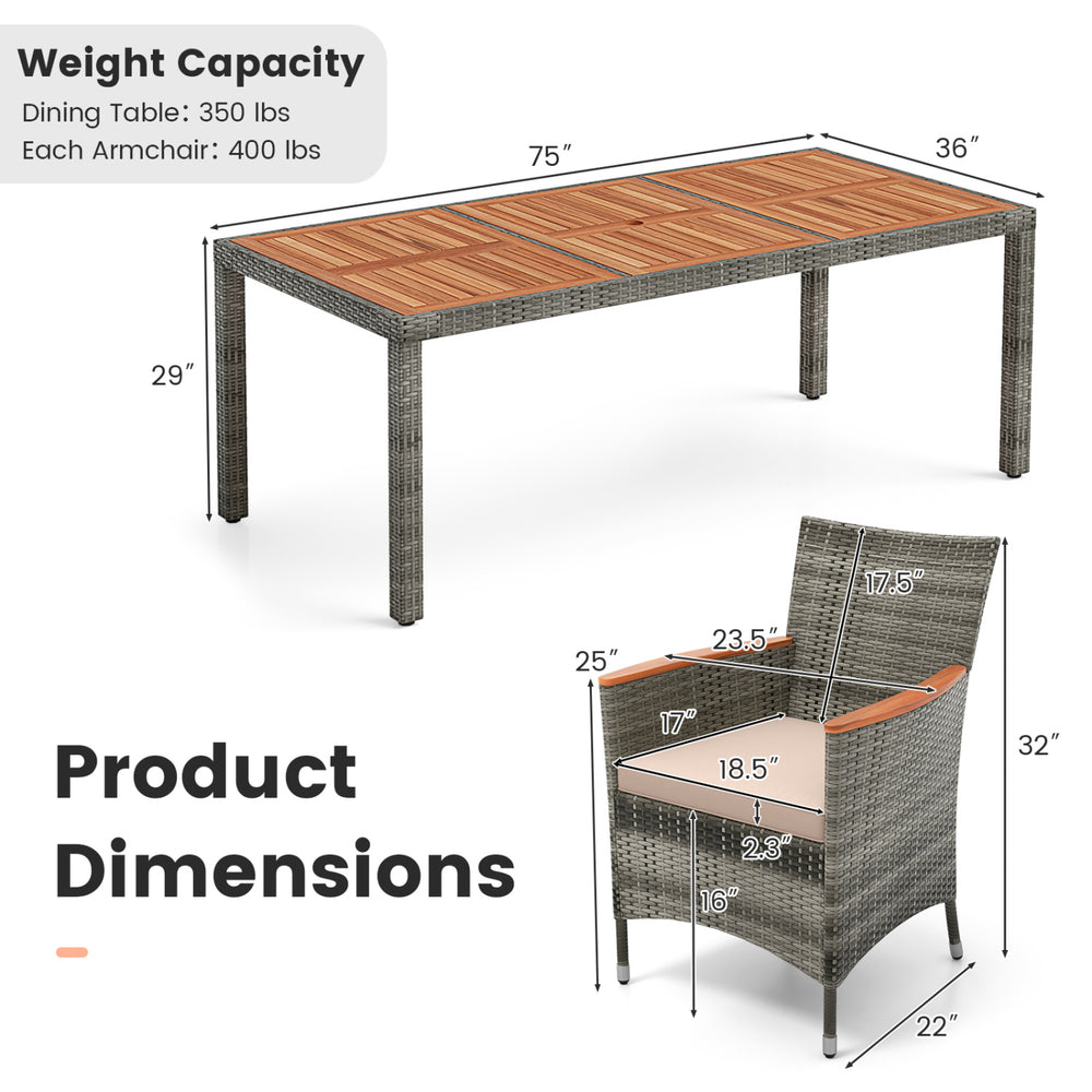 Patio dining set featuring a 75" acacia wood table and ergonomic chairs with PE wicker, ideal for outdoor gatherings.