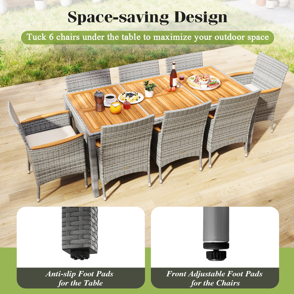 9-piece patio dining set featuring PE wicker chairs and acacia wood table, designed for space-saving outdoor dining.