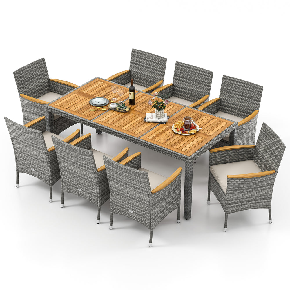9-piece patio dining set featuring PE wicker chairs and acacia wood table, perfect for outdoor dining in gardens or.
