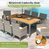9-piece patio dining set featuring a reserved umbrella hole, made of PE wicker and acacia wood for outdoor use.