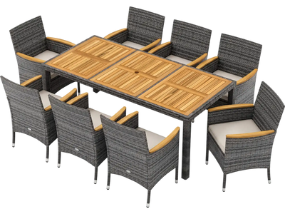 Costway 9-Pc Rattan Patio Dining Set w/ Acacia Wood Table & Cushioned Chairs 65091347 New