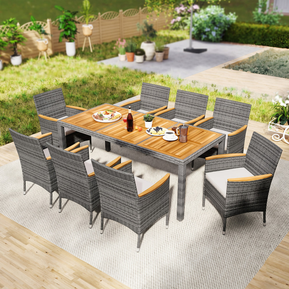 Stylish outdoor dining set with a spacious acacia wood tabletop and 8 cushioned chairs, perfect for backyard gatherings.