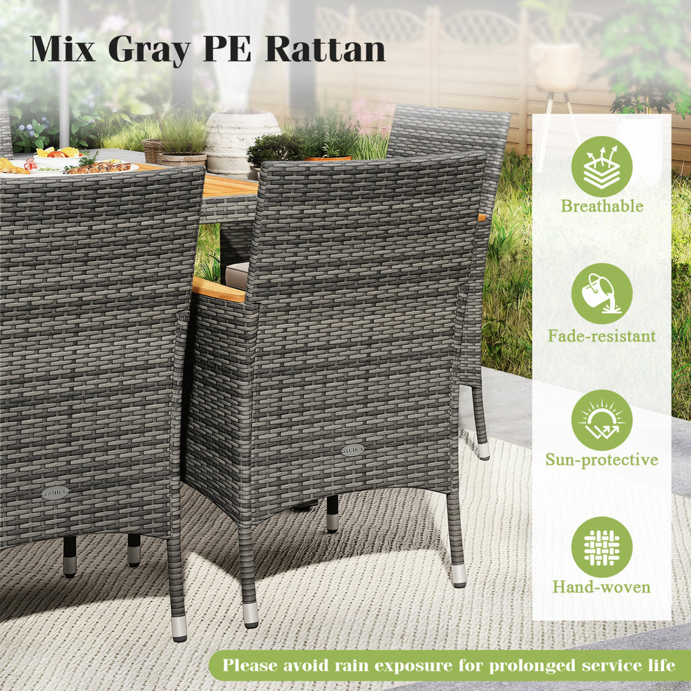Cushioned chair from a 9-piece rattan patio dining set in mix gray PE rattan, ideal for outdoor dining and relaxation.