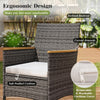 Cushioned chair with inclined backrest and curved armrests, made of PE rattan and acacia wood, ideal for patio.
