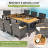 9-piece rattan patio dining set featuring an acacia wood table with an umbrella hole, ideal for outdoor dining.