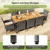 9-piece rattan patio dining set featuring an acacia wood table and cushioned chairs, ideal for outdoor spaces.