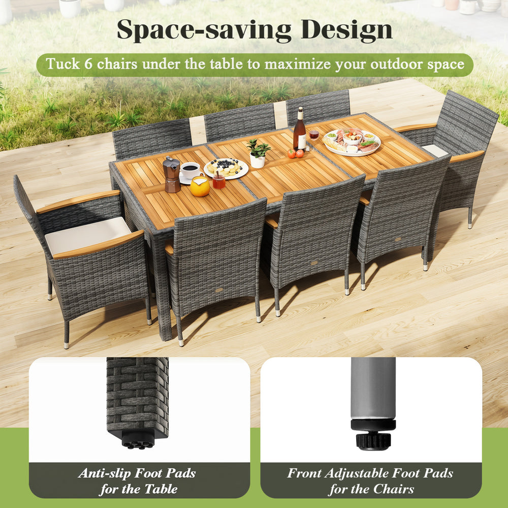 9-piece rattan patio dining set featuring an acacia wood table and cushioned chairs, ideal for outdoor spaces.