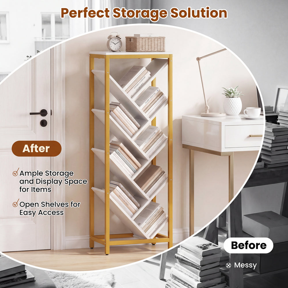 9-tier freestanding bookcase in white with geometric design, offering ample storage for hardcover books in any room.