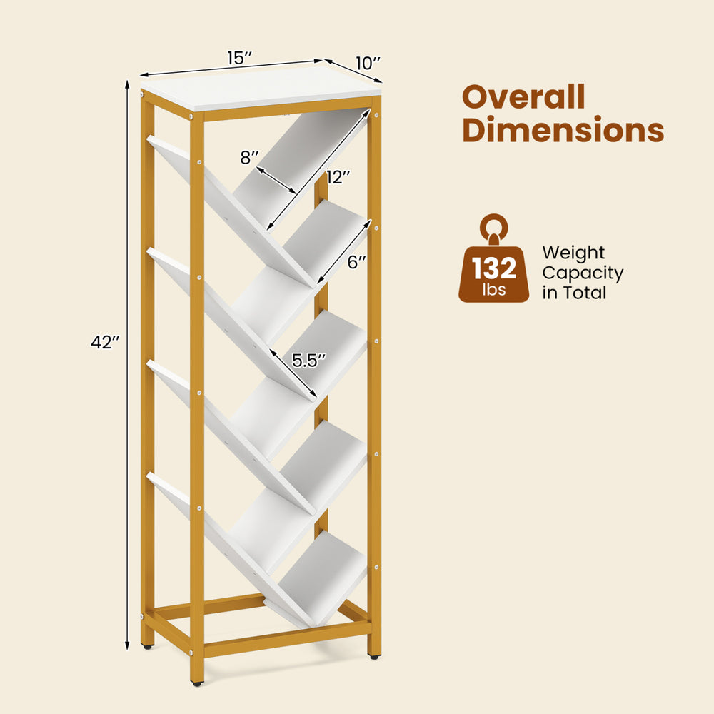 9-tier freestanding bookcase in white with a heavy-duty metal frame, ideal for books and decor in any room.