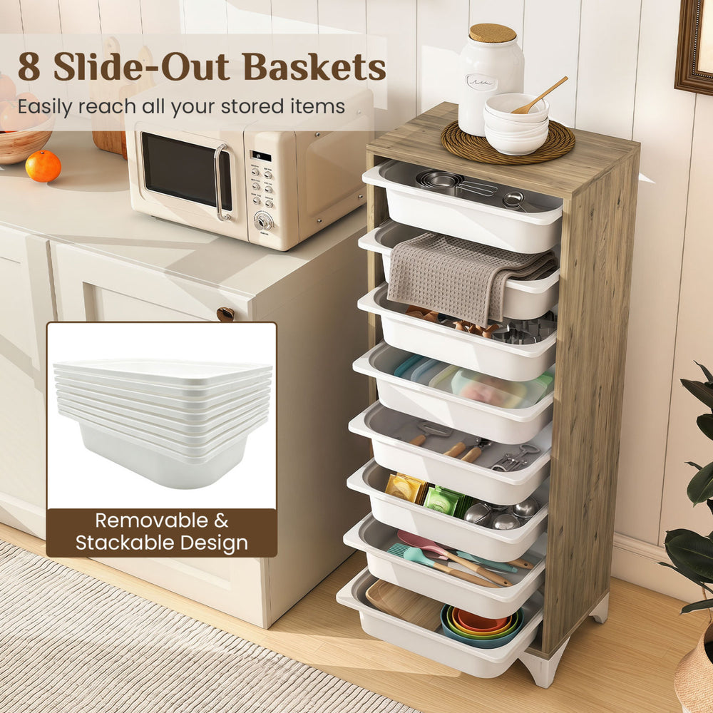 Freestanding wooden pantry organizer cabinet with 8 slide-out baskets for easy access and a compact design for tight spaces.