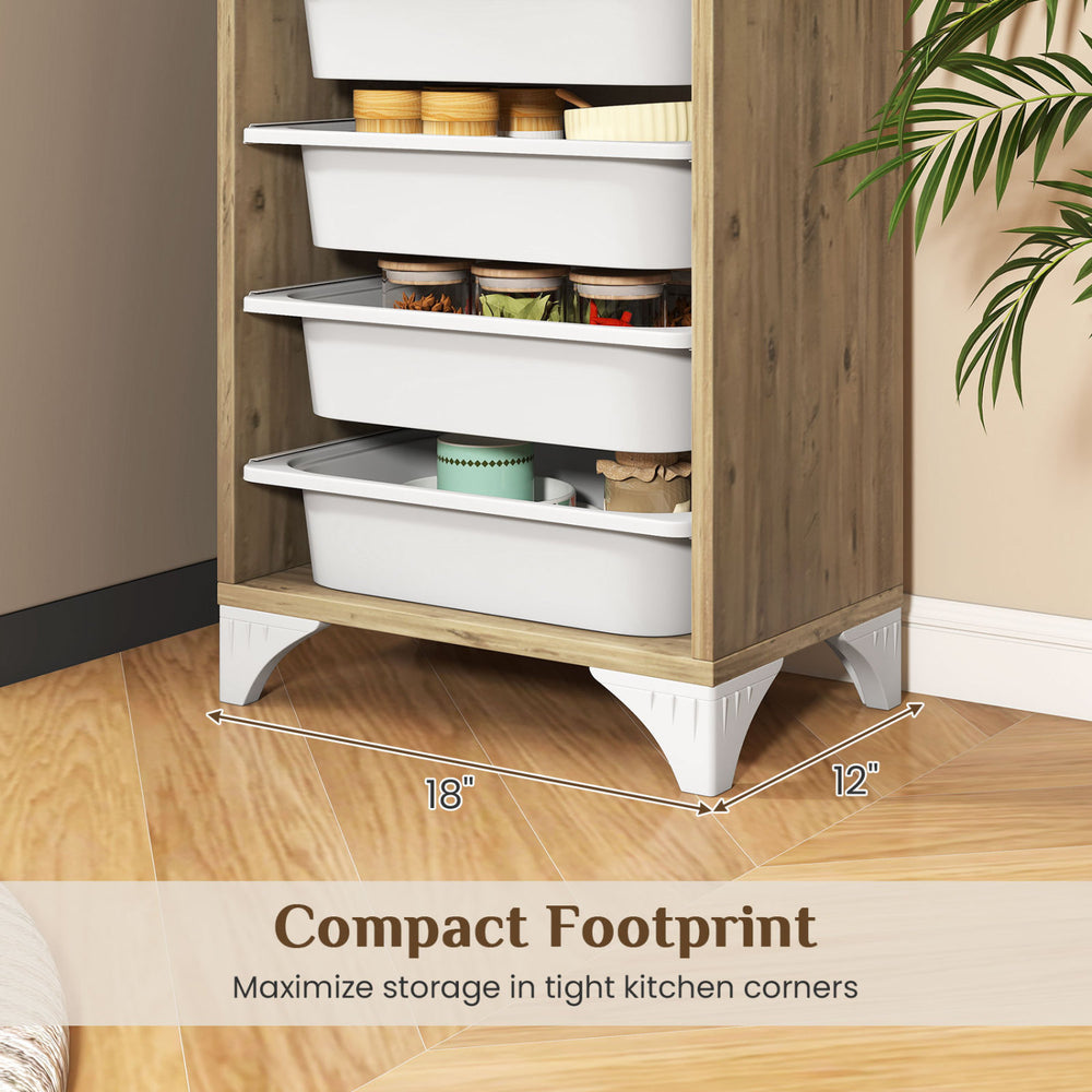 Freestanding 9-tier wooden pantry organizer with 8 slide-out baskets, perfect for maximizing storage in tight kitchen corners.
