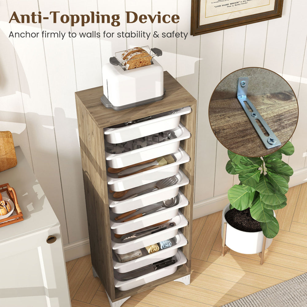 9-tier freestanding wooden pantry organizer with 8 slide-out baskets and anti-toppling device for kitchen stability.