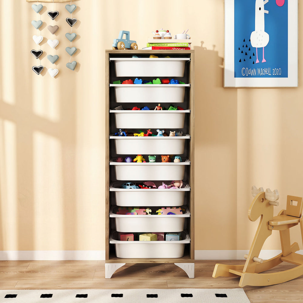 Freestanding 9-tier storage rack with 8 slide-out baskets, ideal for organizing fruits and vegetables in compact spaces.