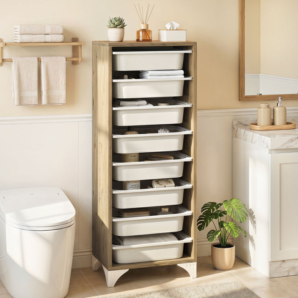 Freestanding 9-tier wooden pantry organizer cabinet with 8 slide-out baskets for efficient storage in tight spaces.