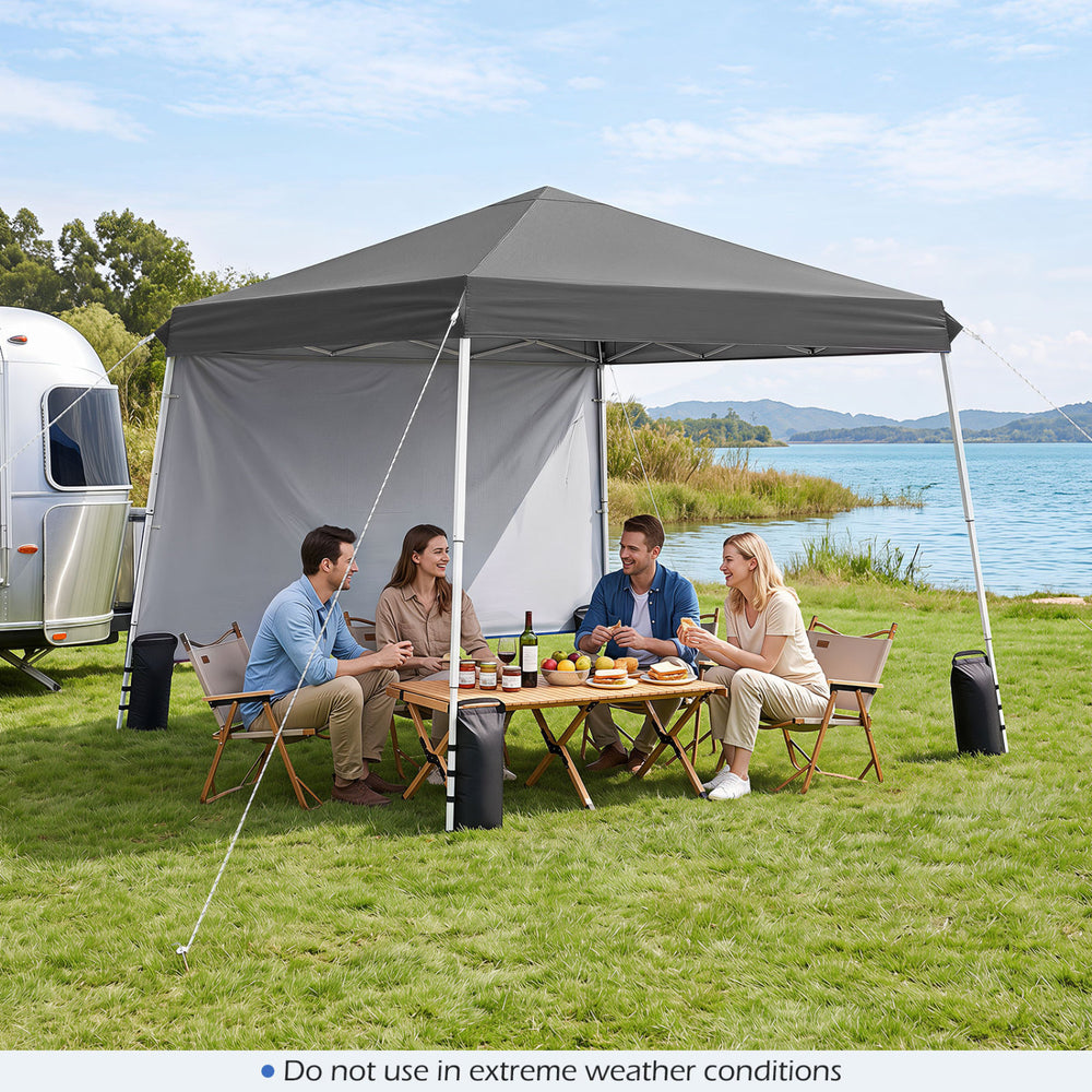 Pop up 9 ft x 9 ft gray canopy tent with sidewall, ideal for outdoor parties, featuring a sturdy metal frame and easy setup.
