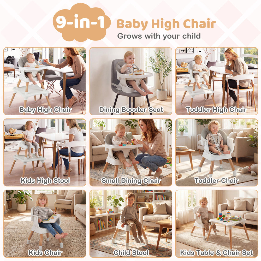 9-in-1 convertible high chair in white with solid wood legs, designed for babies and toddlers, perfect for secure.