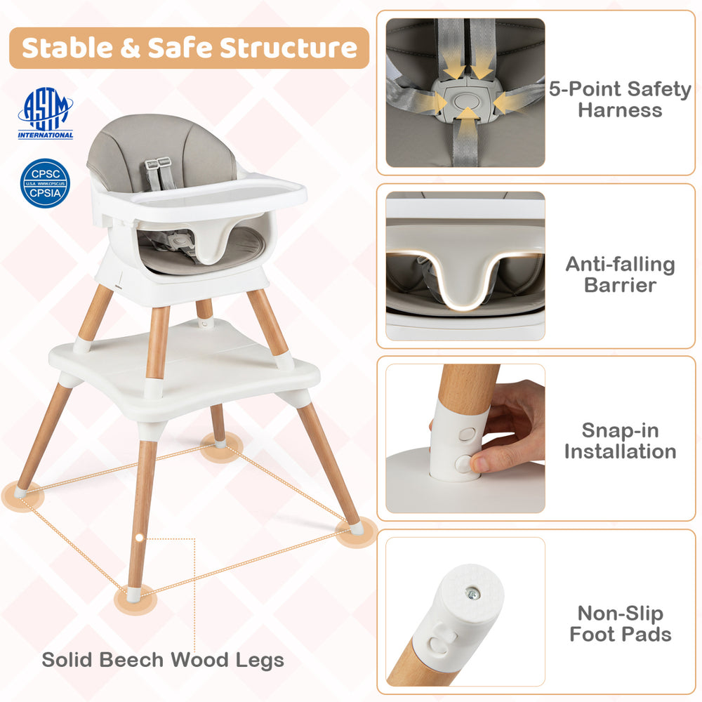 9-in-1 convertible high chair with solid beech wood legs, 5-point harness, and removable waterproof cushion for.