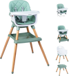 Convertible high chair in green with wood legs, featuring a soft cushion and adjustable tray for babies and toddlers.