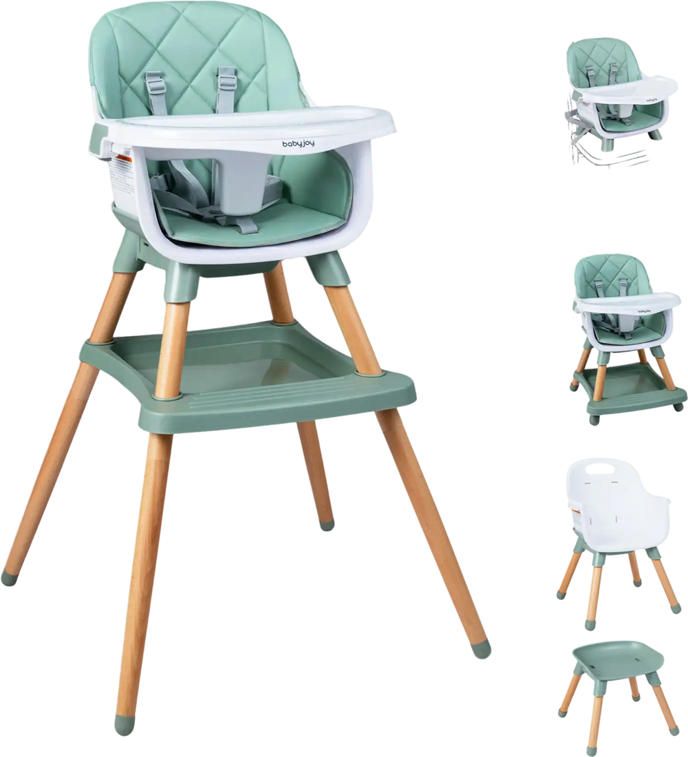 Convertible high chair in green with wood legs, featuring a soft cushion and adjustable tray for babies and toddlers.