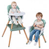 Convertible high chair in green with soft cushion, featuring a double tray and solid wood legs for stability.