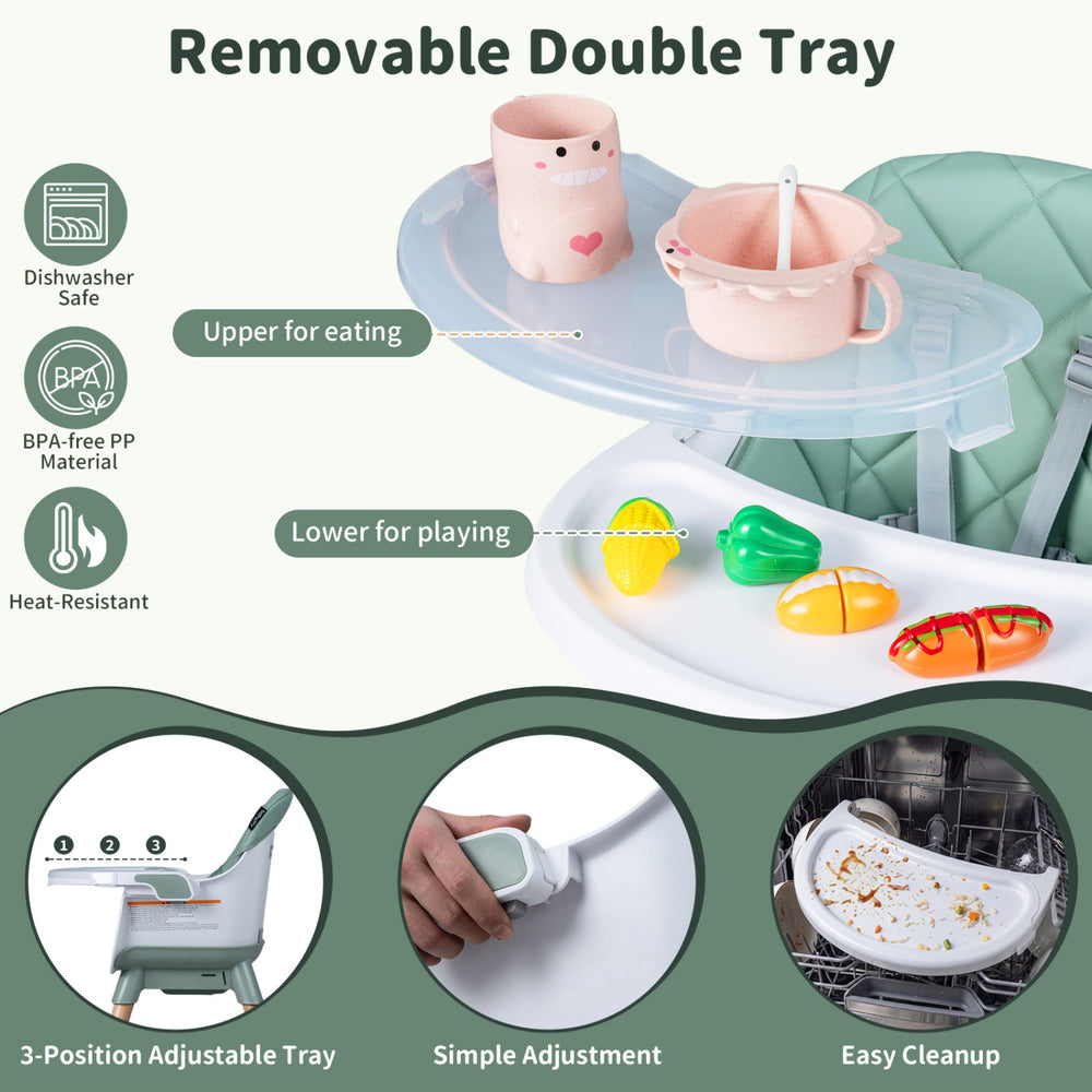 Removable double tray of a green 9-in-1 convertible high chair, featuring upper for eating and lower for playing.