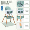 Convertible high chair in green with beech wood legs, 5-point harness, and adjustable tray for babies and toddlers.