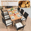 9-piece patio dining set featuring a selected acacia wood tabletop and 8 rattan-woven chairs with cushions for outdoor.