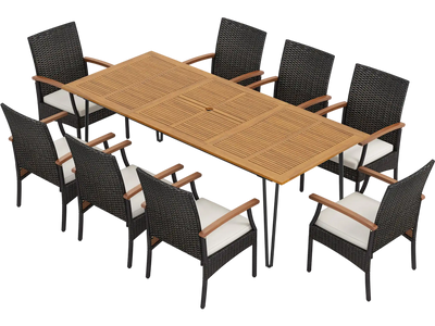 Costway 9-Pc Outdoor Patio Dining Set Acacia Wood Square Table Umbrella Hole 39756241 New