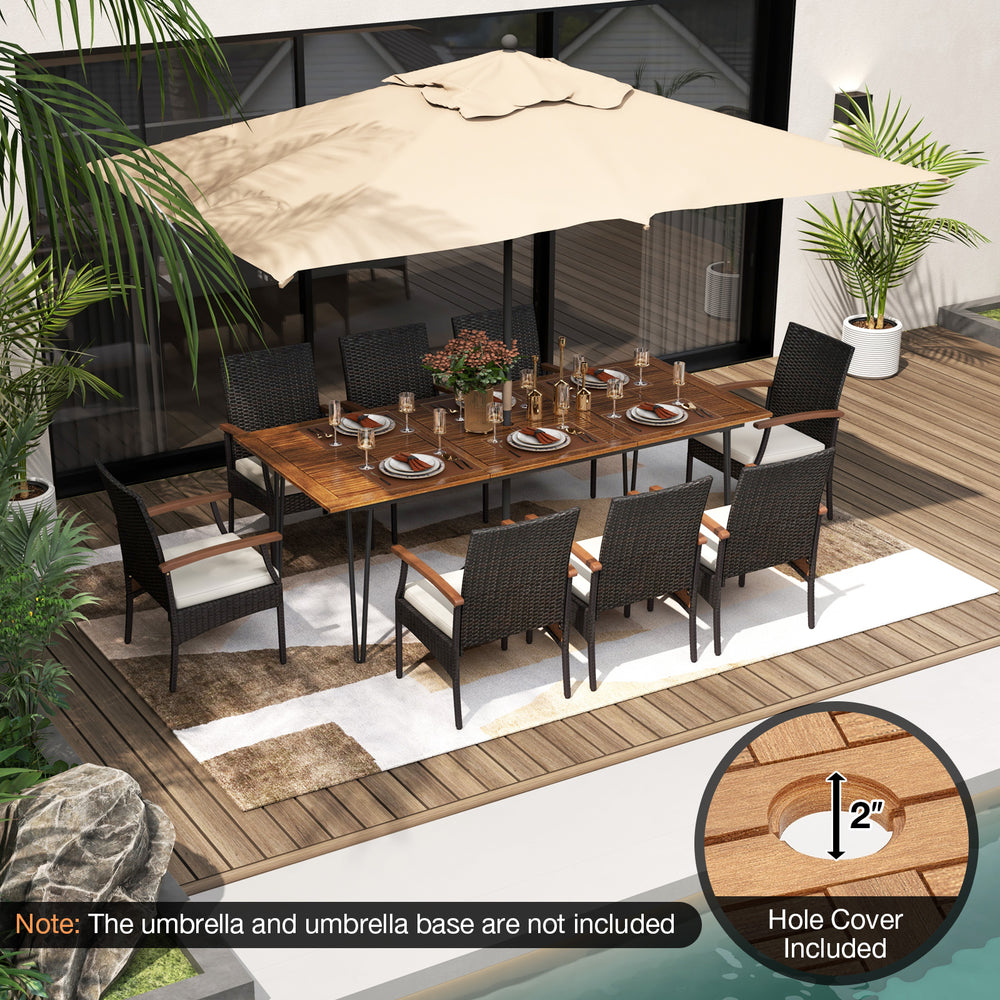 Outdoor patio dining set featuring an acacia wood square table and eight cushioned armchairs, perfect for outdoor.