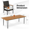 Dimensions of the 9-piece outdoor patio dining set featuring an acacia wood table and PE rattan armchair.