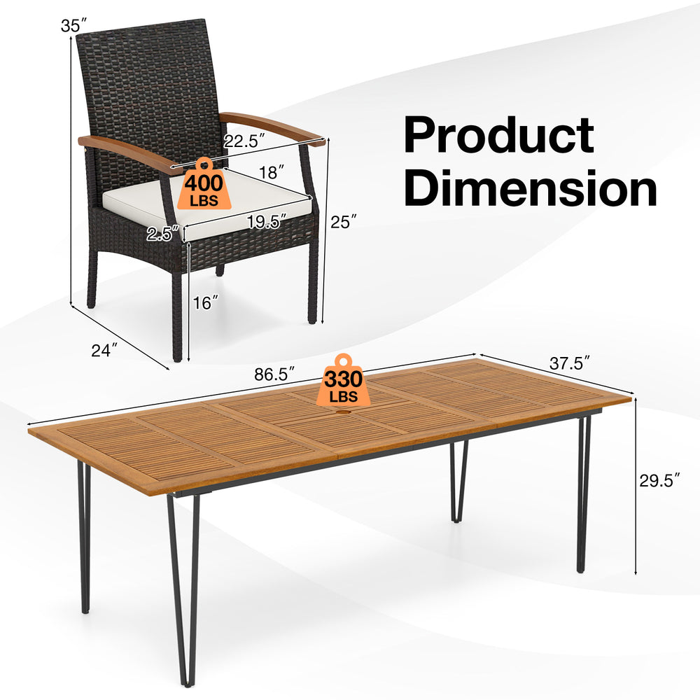 Dimensions of the 9-piece outdoor patio dining set featuring an acacia wood table and PE rattan armchair.