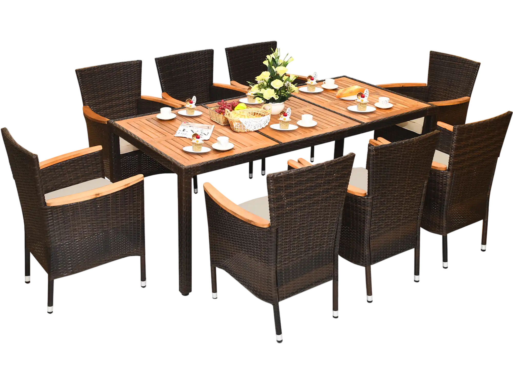 Costway 9-Piece Outdoor Patio Rattan Dining Set Acacia Wood Table Stackable Cushioned Chairs 97206435 New