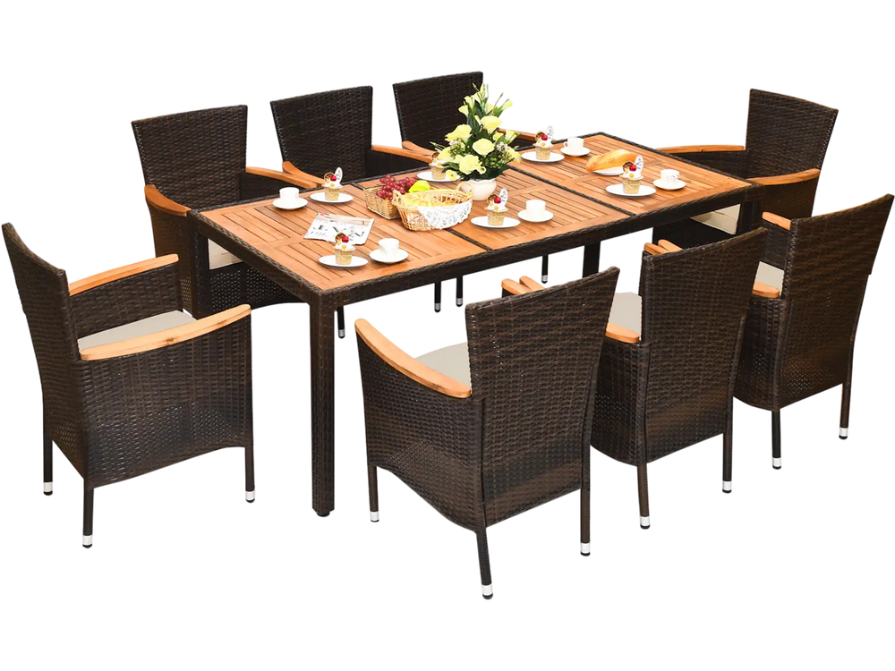 9 Pieces Rattan Dining Set with Acacia Wood Table and Stackable Cushioned Chairs