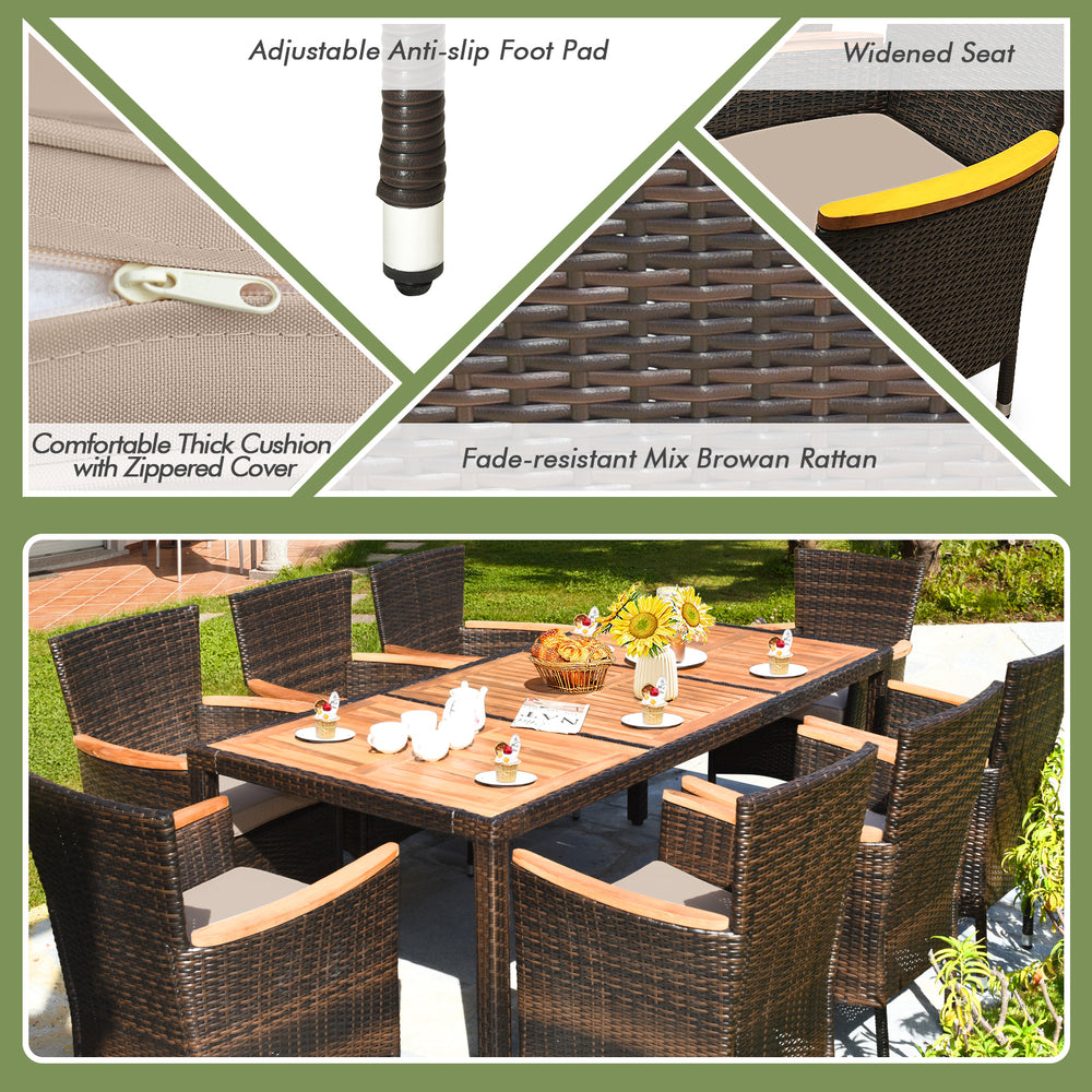 9-piece rattan dining set featuring an acacia wood table, stackable cushioned chairs, perfect for outdoor gatherings.