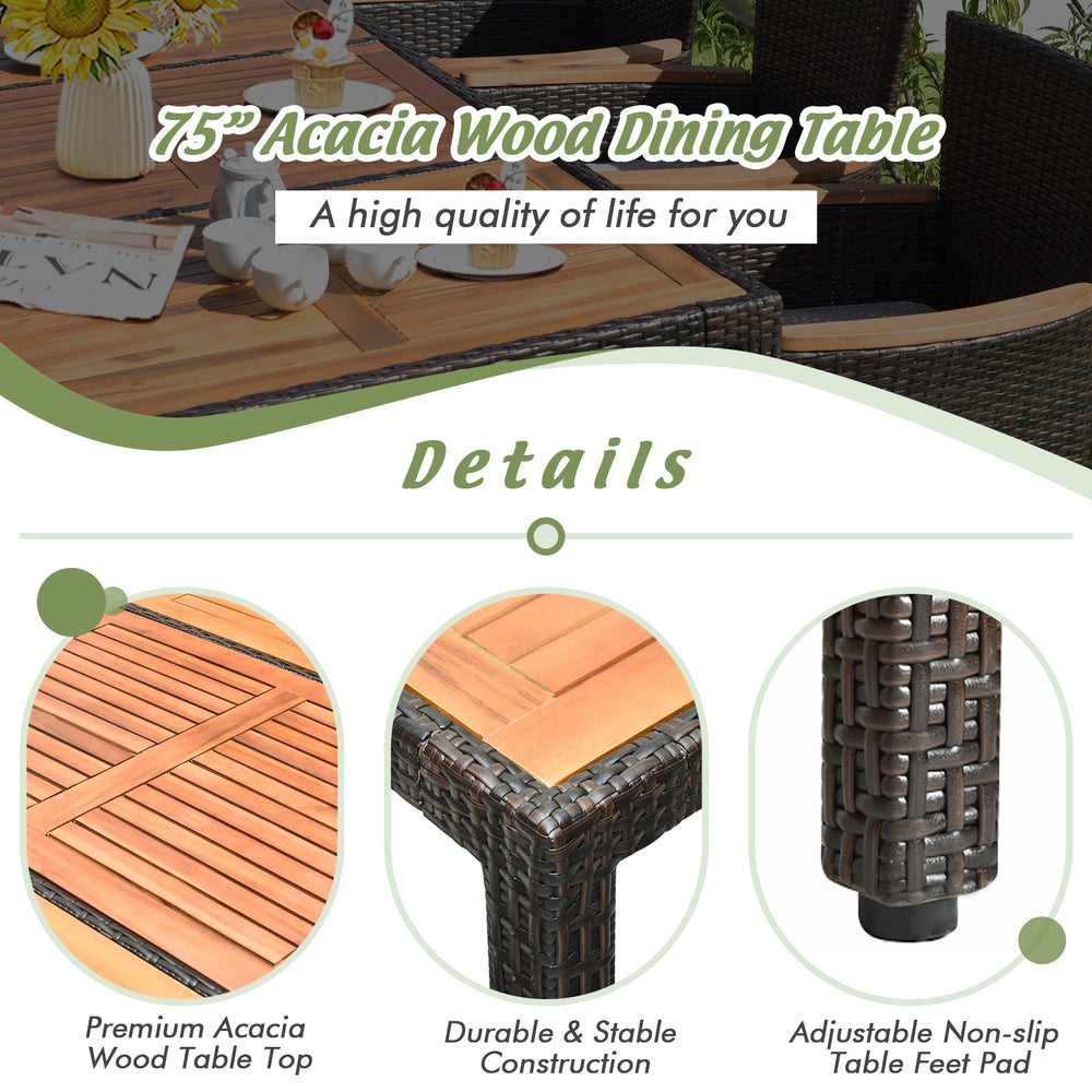 75” acacia wood dining table with premium finish and adjustable non-slip feet, perfect for outdoor gatherings.